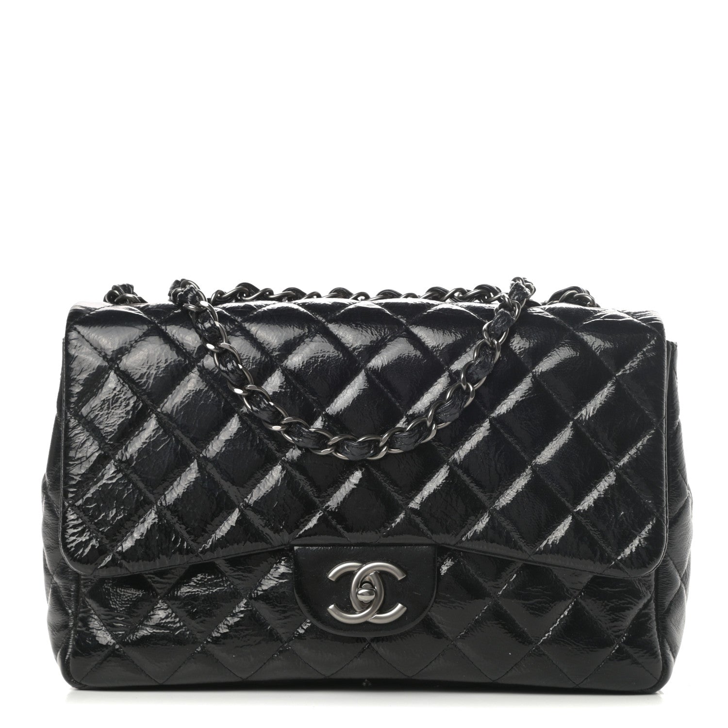Chanel Crinkled Patent Quilted Jumbo Single Flap Black 1 of 10