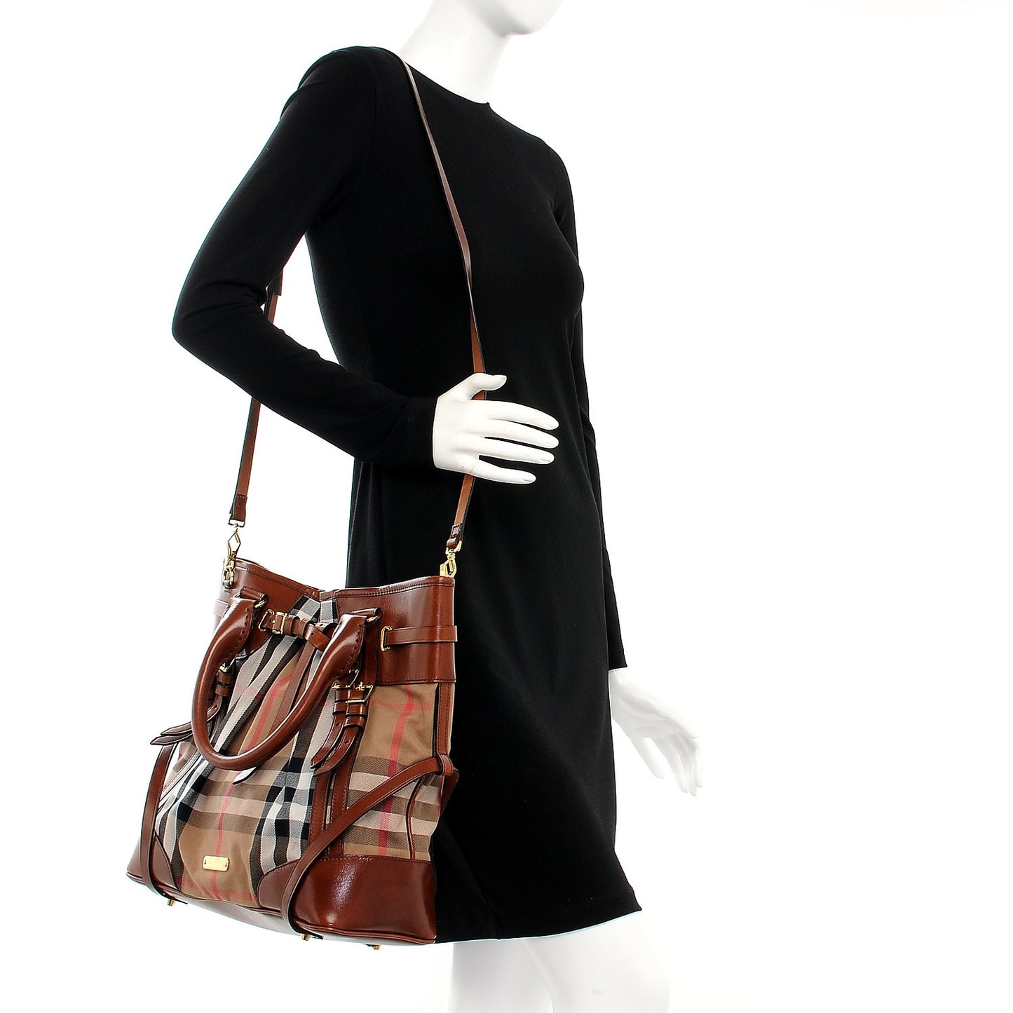 House Check Bridle Calfskin Medium Whipstitch Tote Dark Tan