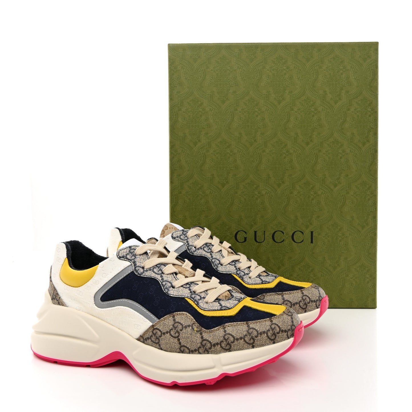 GG Supreme Monogram Mix Monogram Mens Rhyton Sneakers 8.5 London Blue Beige Sun Yellow