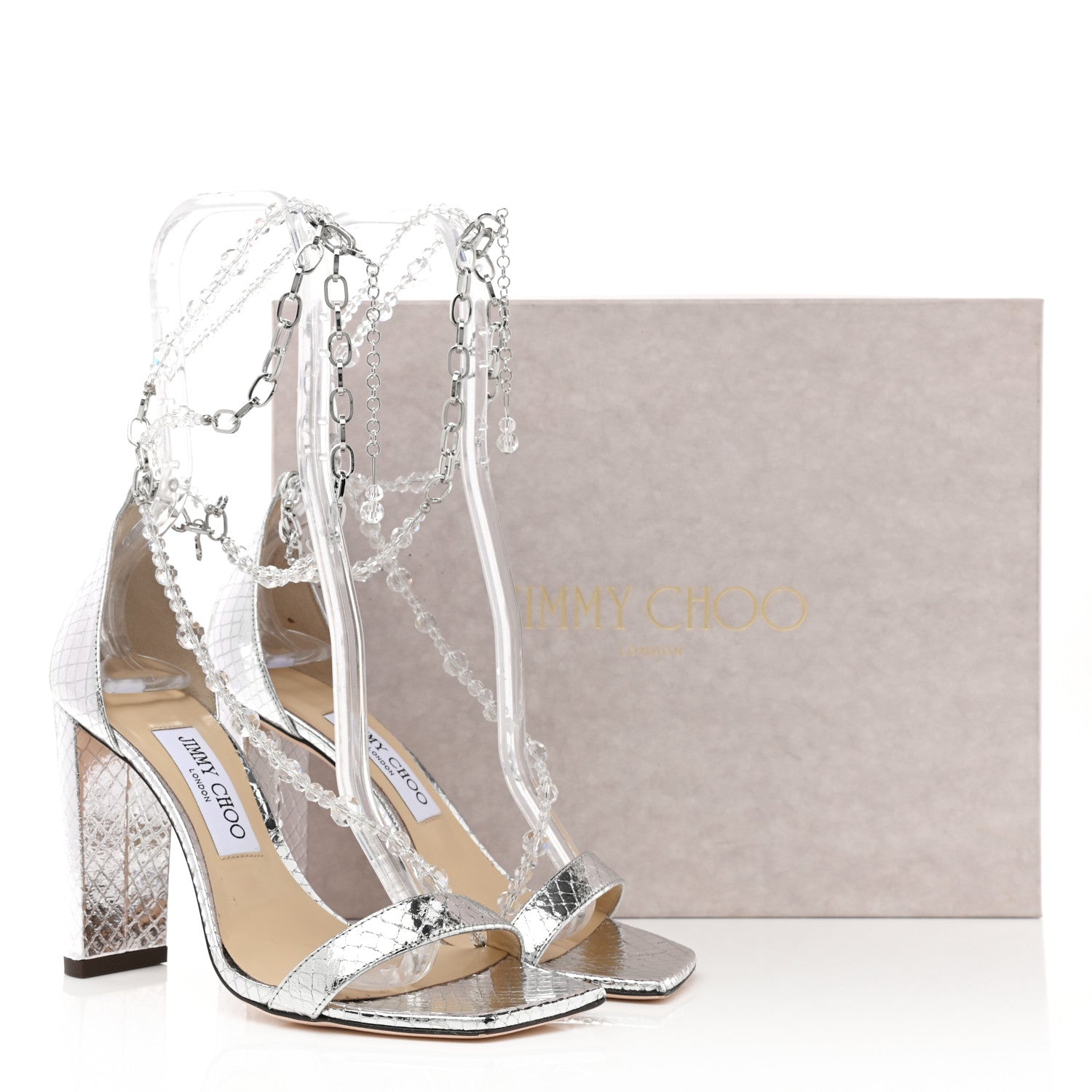 Jimmy Choo Metallic Nappa Snake Embossed Crystal Neena 100 High Heel Sandals 37 Silver 8 of 8