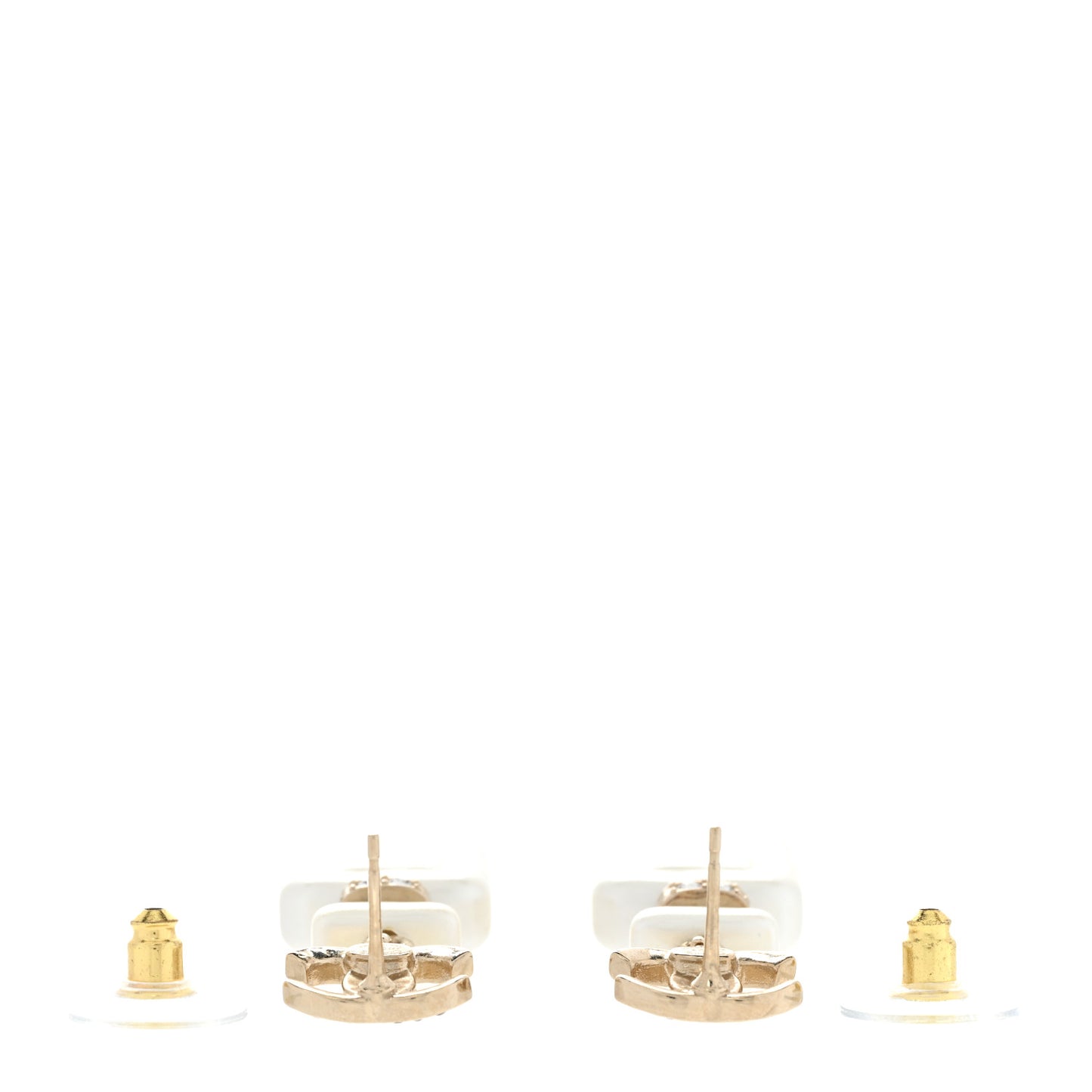 Pearl Resin Crystal CC No 5 Perfume Bottle Drop Earrings Gold Pearly White
