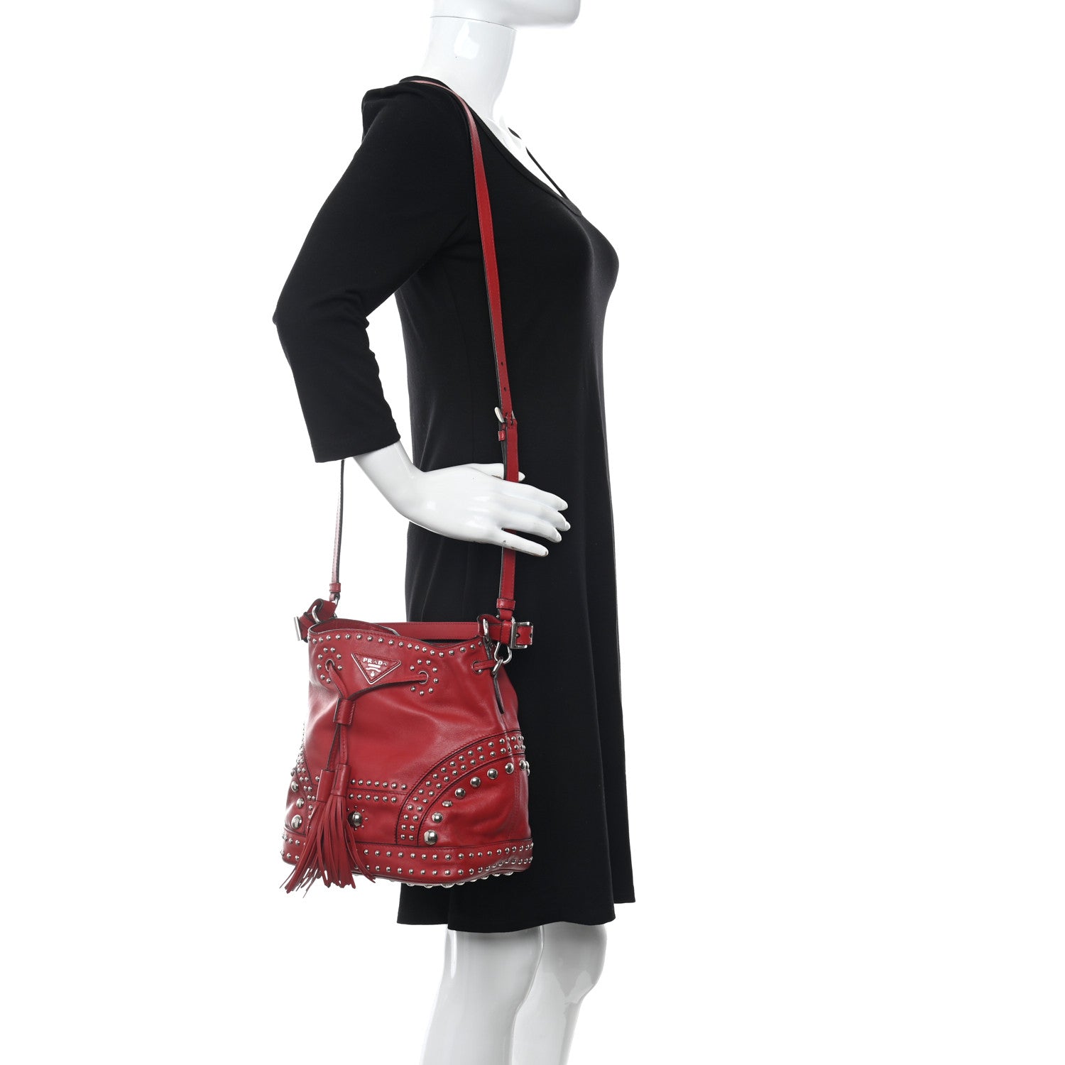 Prada Soft Calf Studded Bucket Bag Rosso 2 of 17