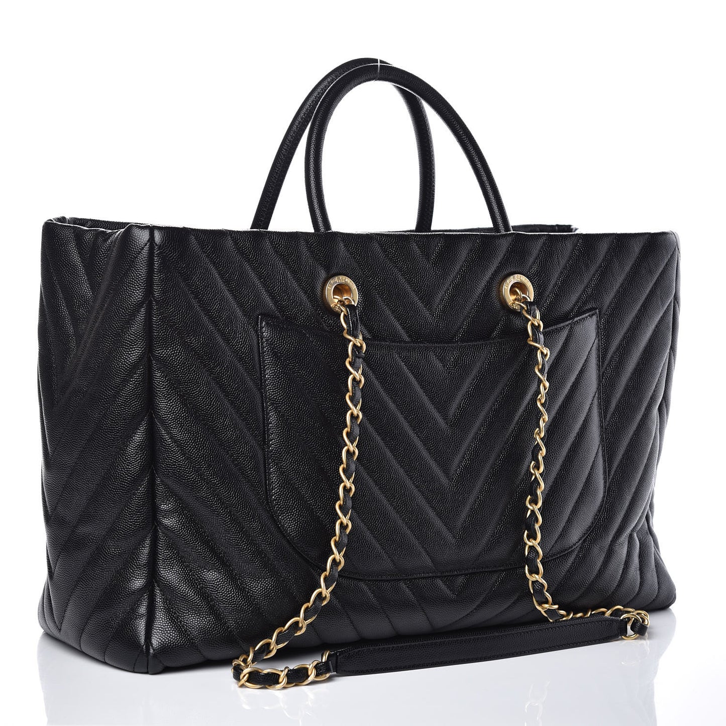 Caviar Chevron Quilted Coco Handle Shopping Tote Black
