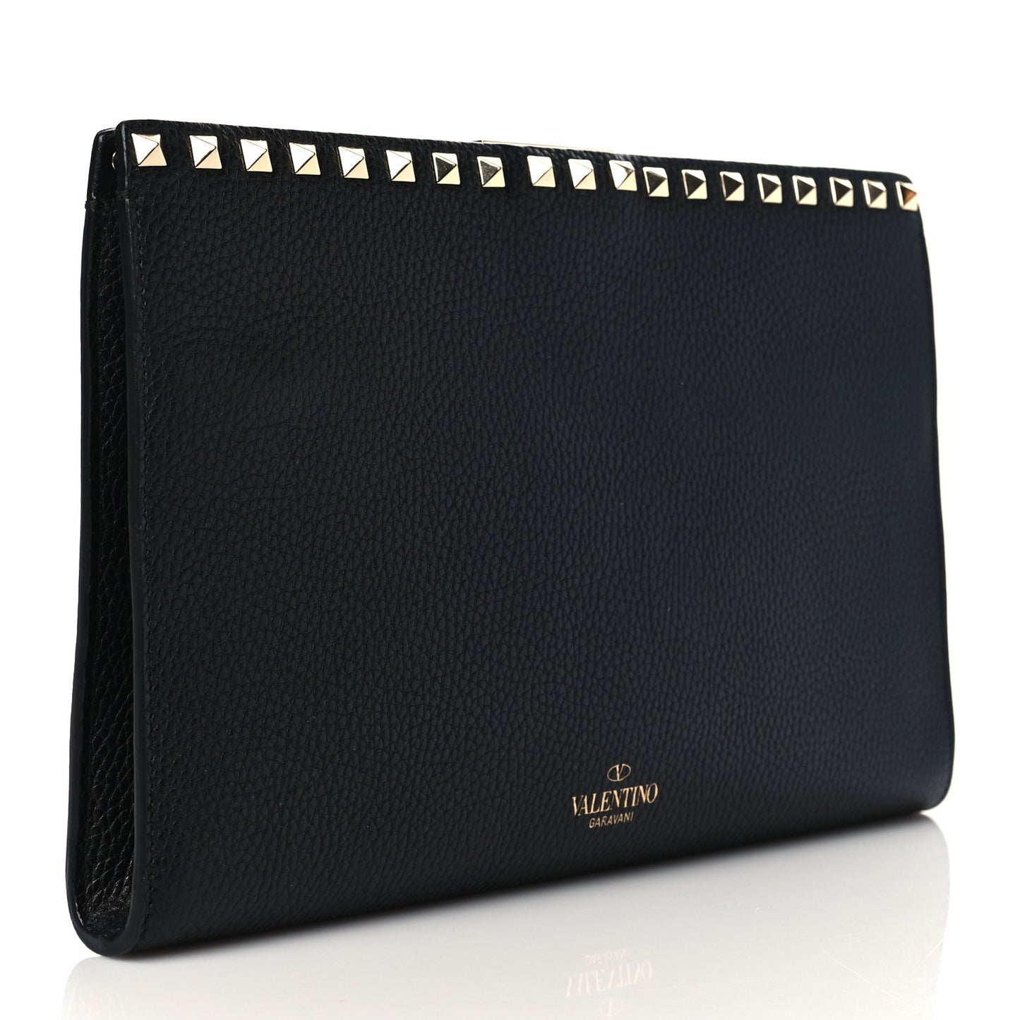 Pebbled Calfskin Rockstud Flip Lock Clutch Wallet Black