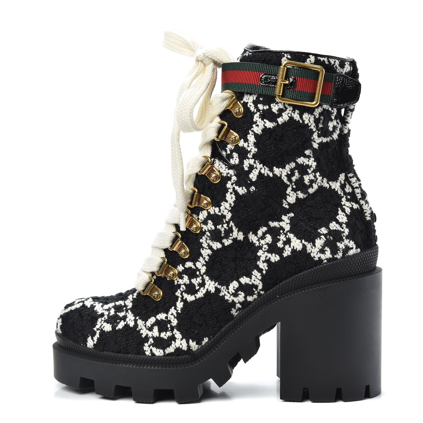 Tweed GG Monogram Lace Up Combat Ankle Boots 35 Black
