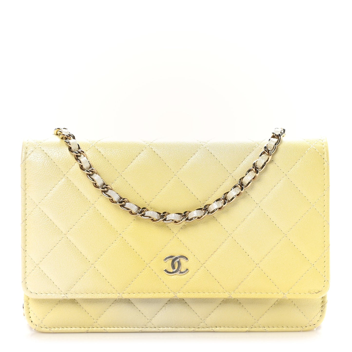 Cloudy Pearly Goatskin Quilted Wallet on Chain WOC Light Yellow