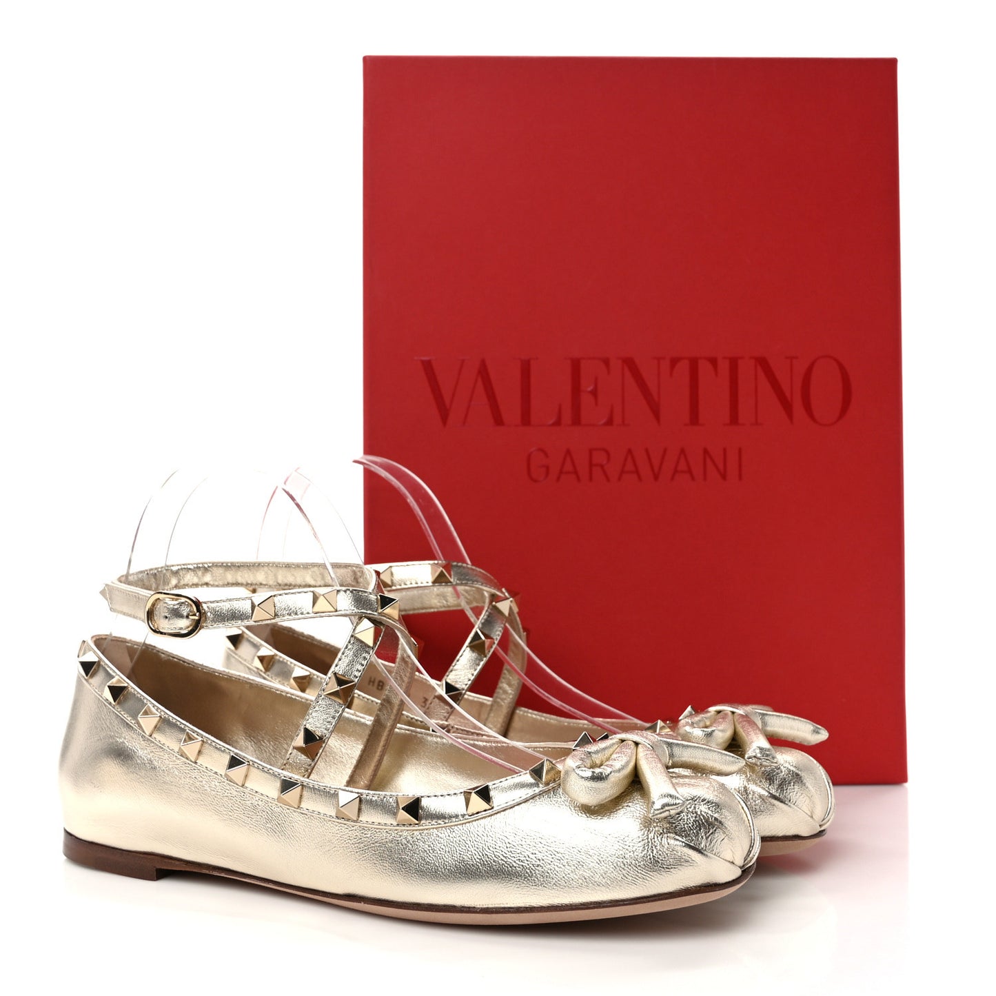 Metallic Calfskin Rockstud Bow Ballerina Flats 37 Platino