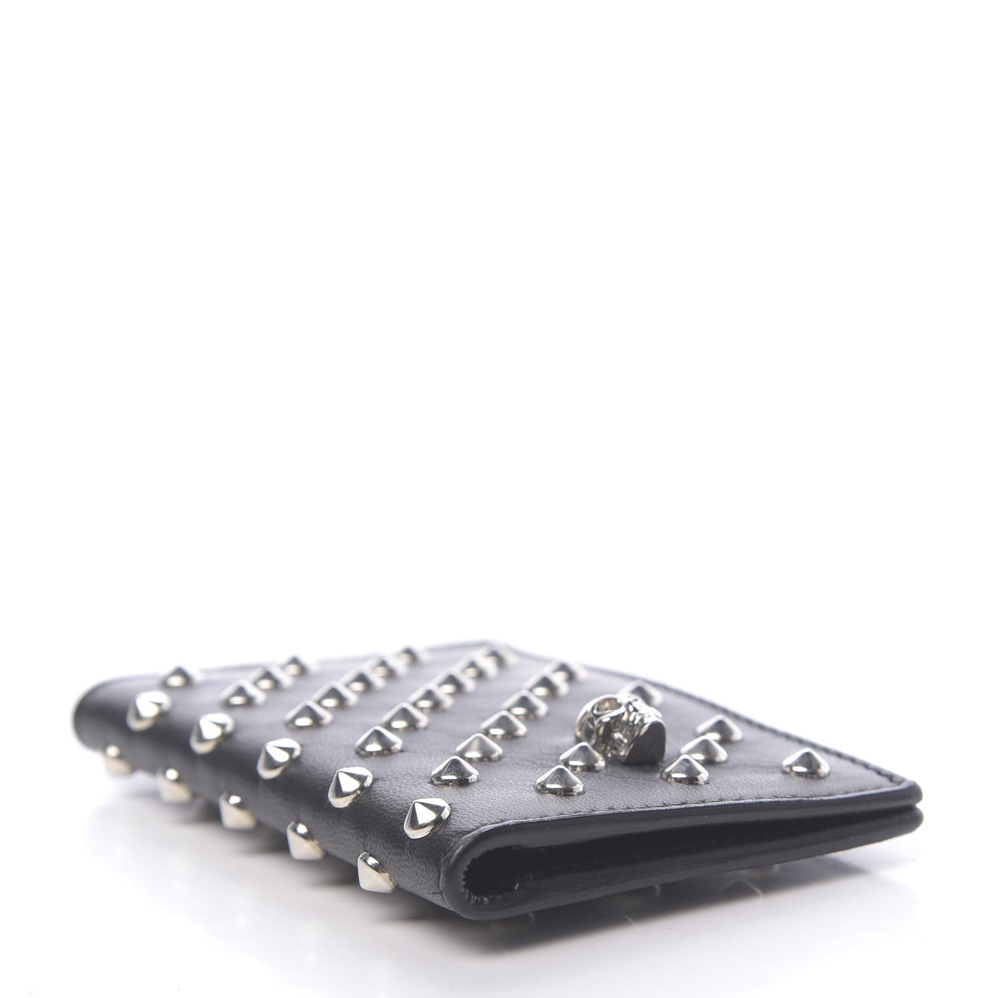 Calfskin Studded Skull Card Holder Black