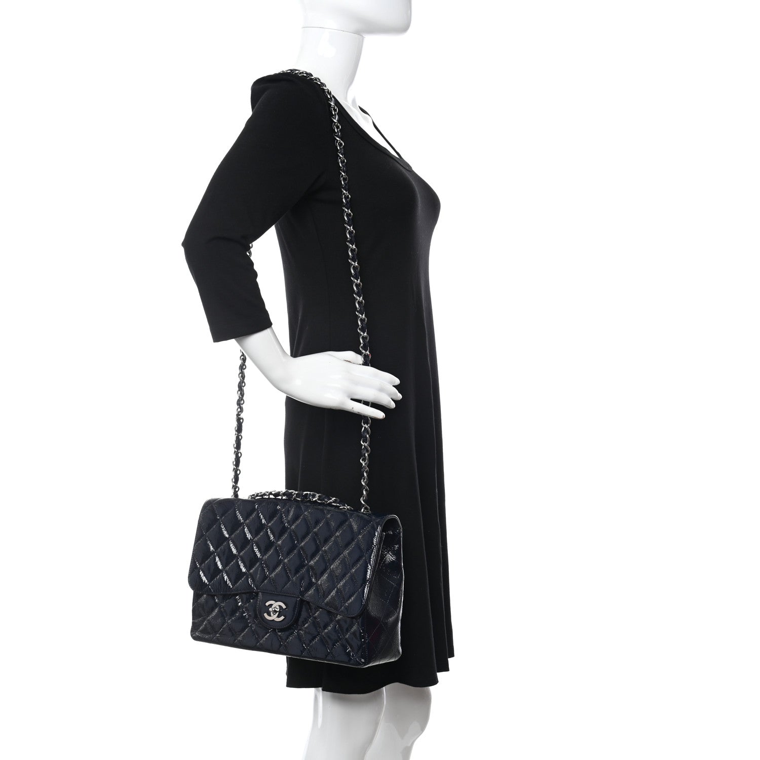 Chanel Crinkled Patent Quilted Jumbo Single Flap Dark Navy 2 of 10