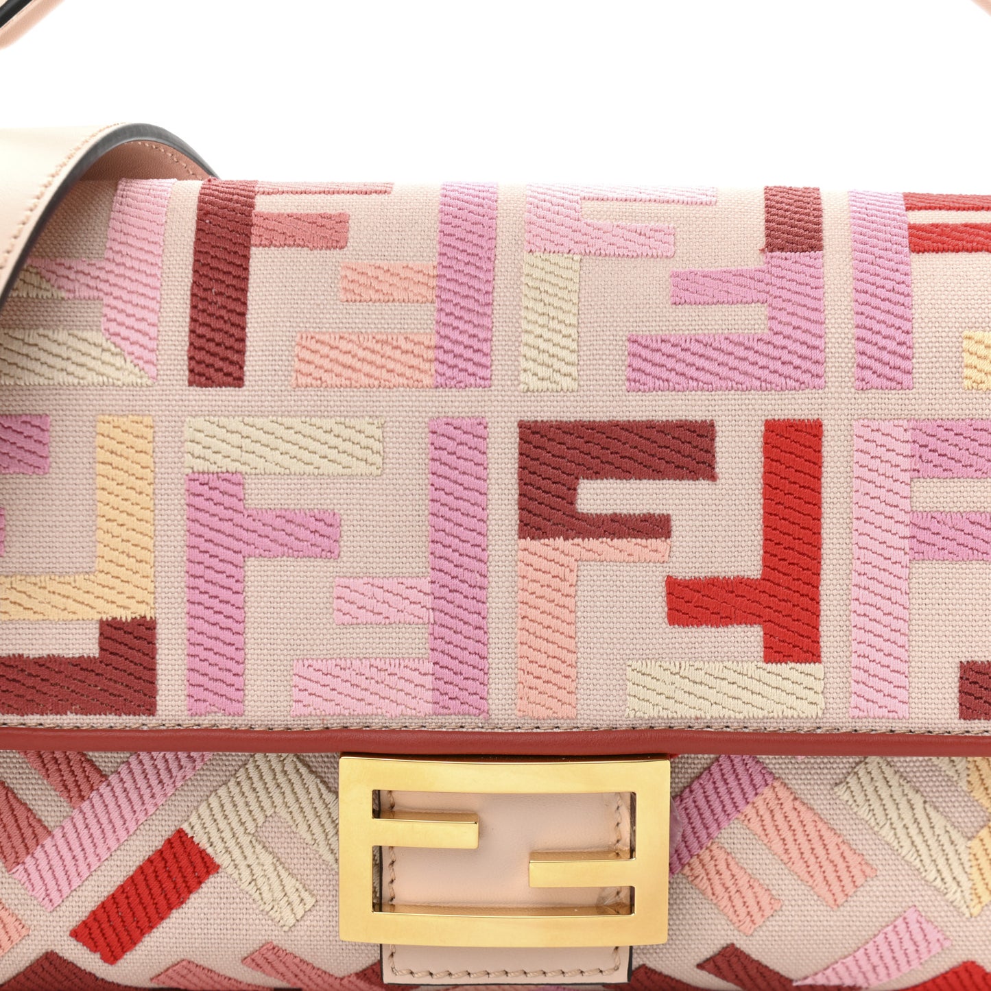 Canvas Vitello King FF Embroidered Baguette Rosa Quarzo Bloody Mary Multicolor