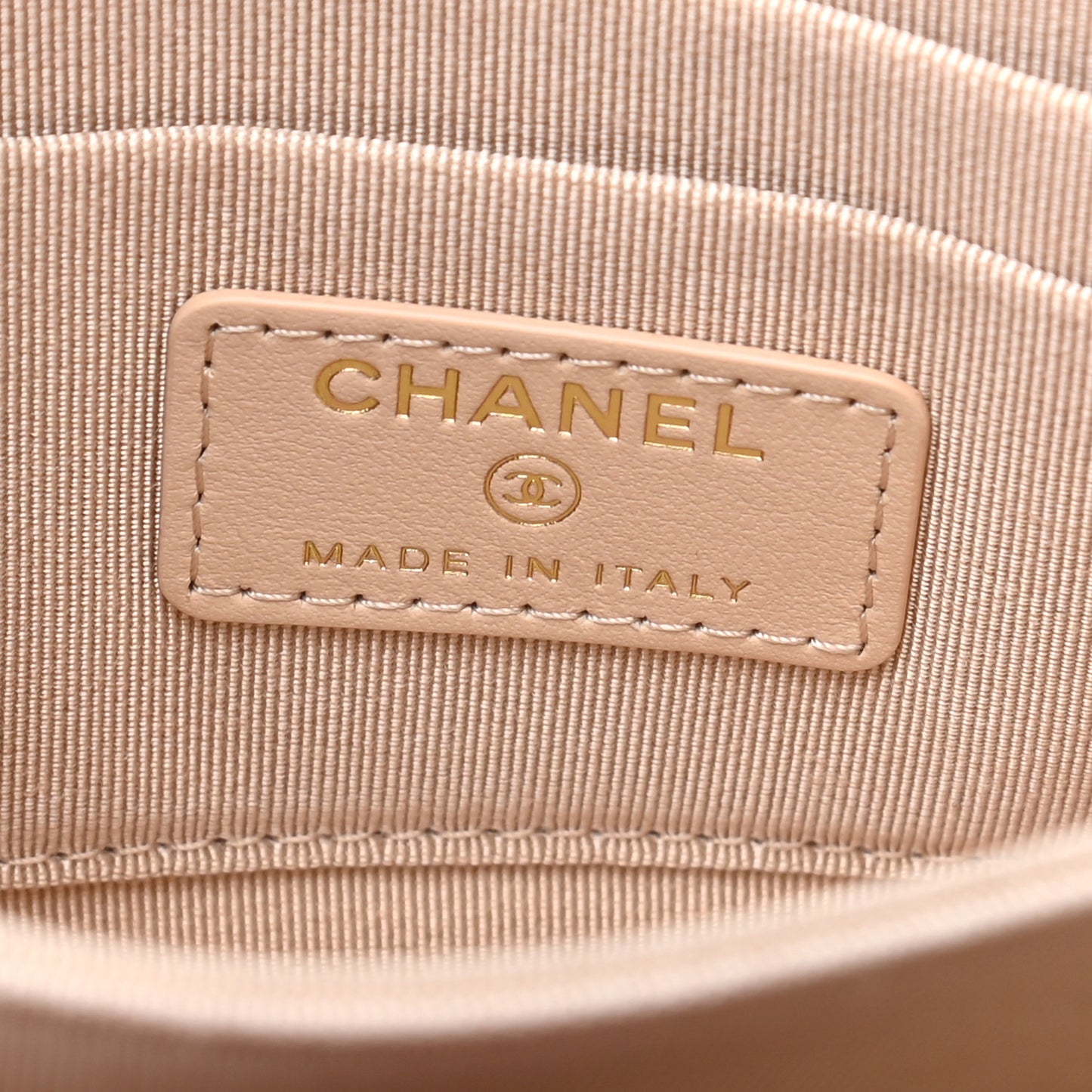 Shiny Goatskin Quilted Chanel 19 Small Pouch With Handle Beige