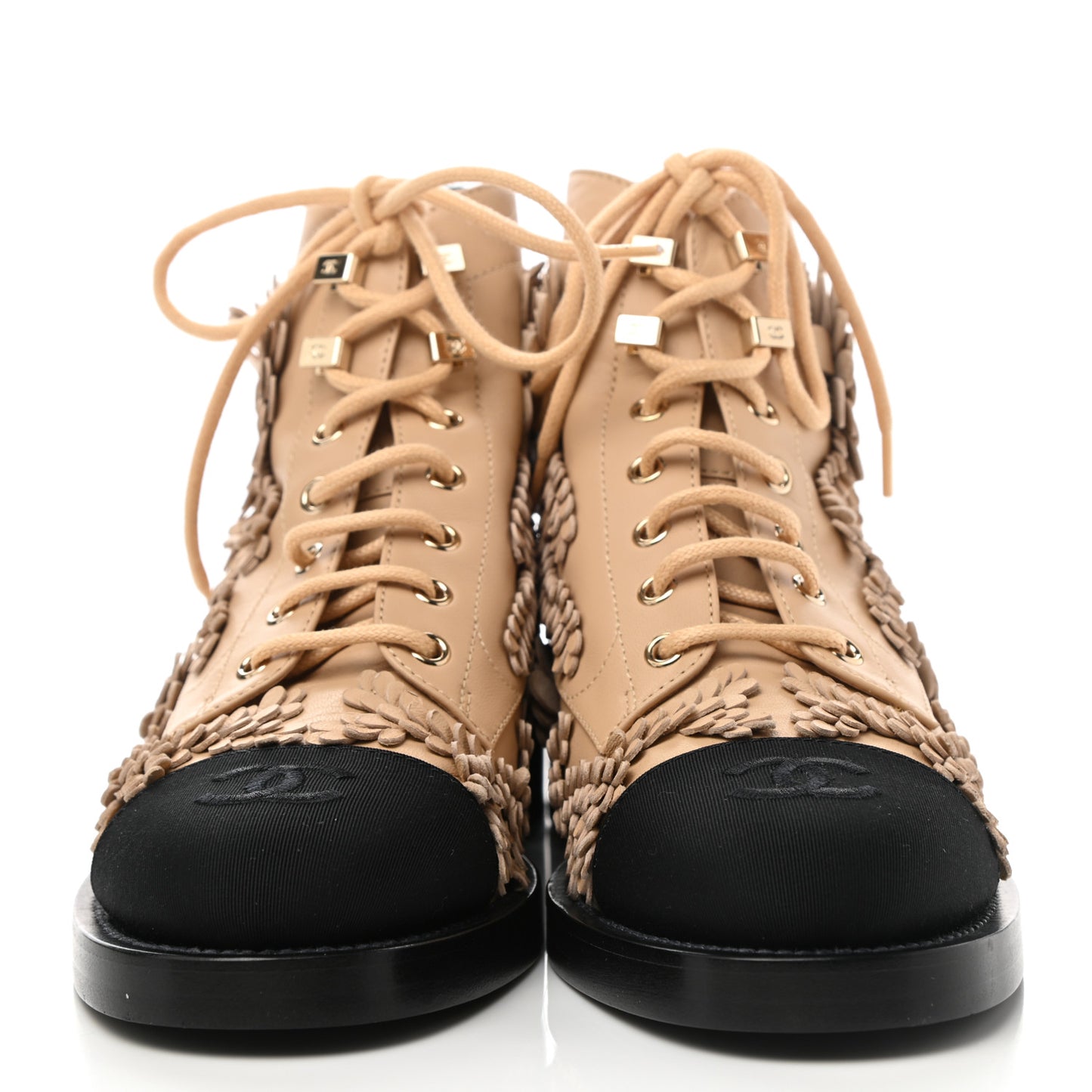 Embroidered Lambskin Grosgrain Lace Up Boots 37 Beige Black
