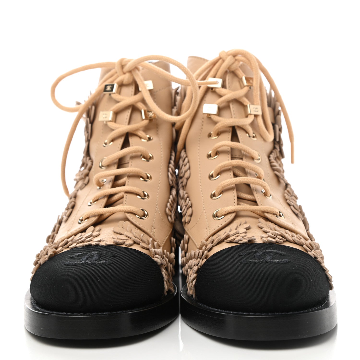 Chanel Embroidered Lambskin Grosgrain Lace Up Boots 37 Beige Black 2 of 9