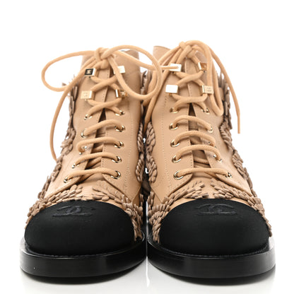 Chanel Embroidered Lambskin Grosgrain Lace Up Boots 37 Beige Black 2 of 9