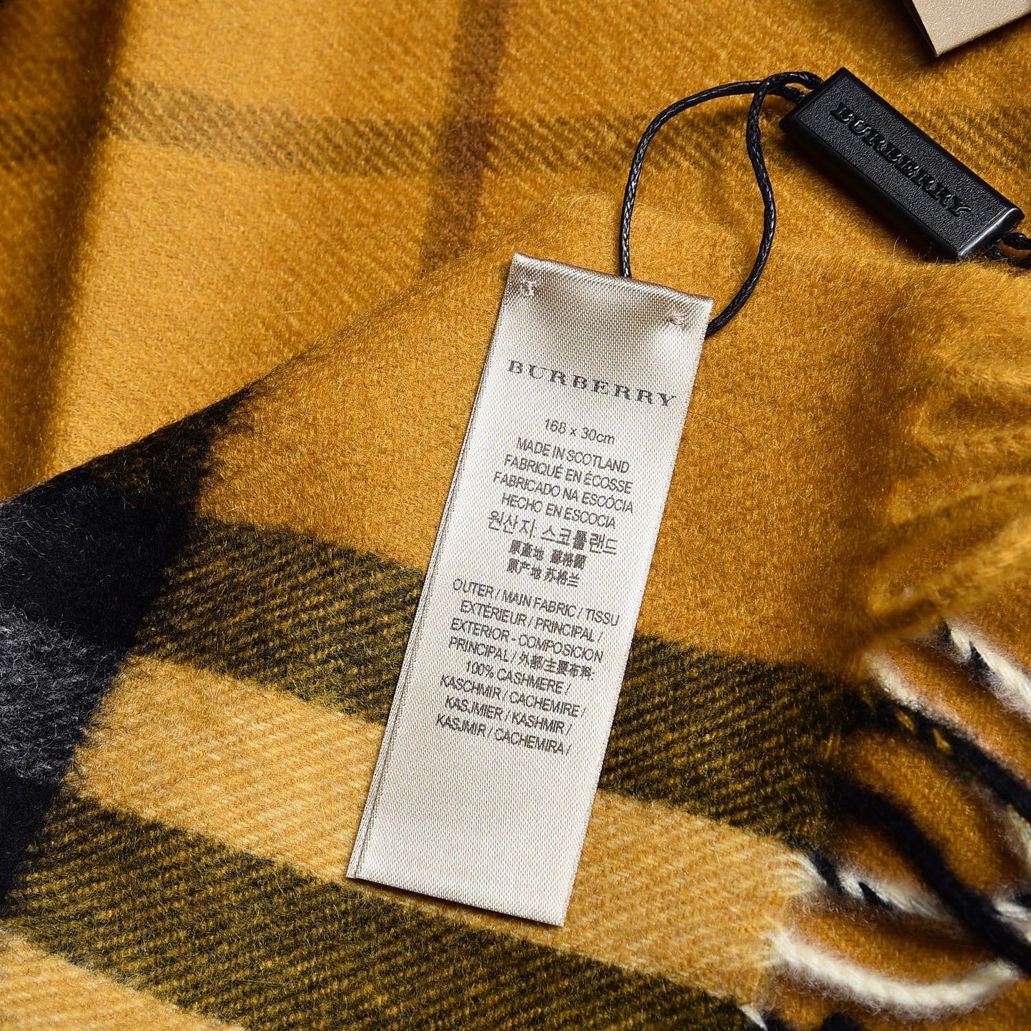 Cashmere Giant Check Fringe Scarf Amber Yellow
