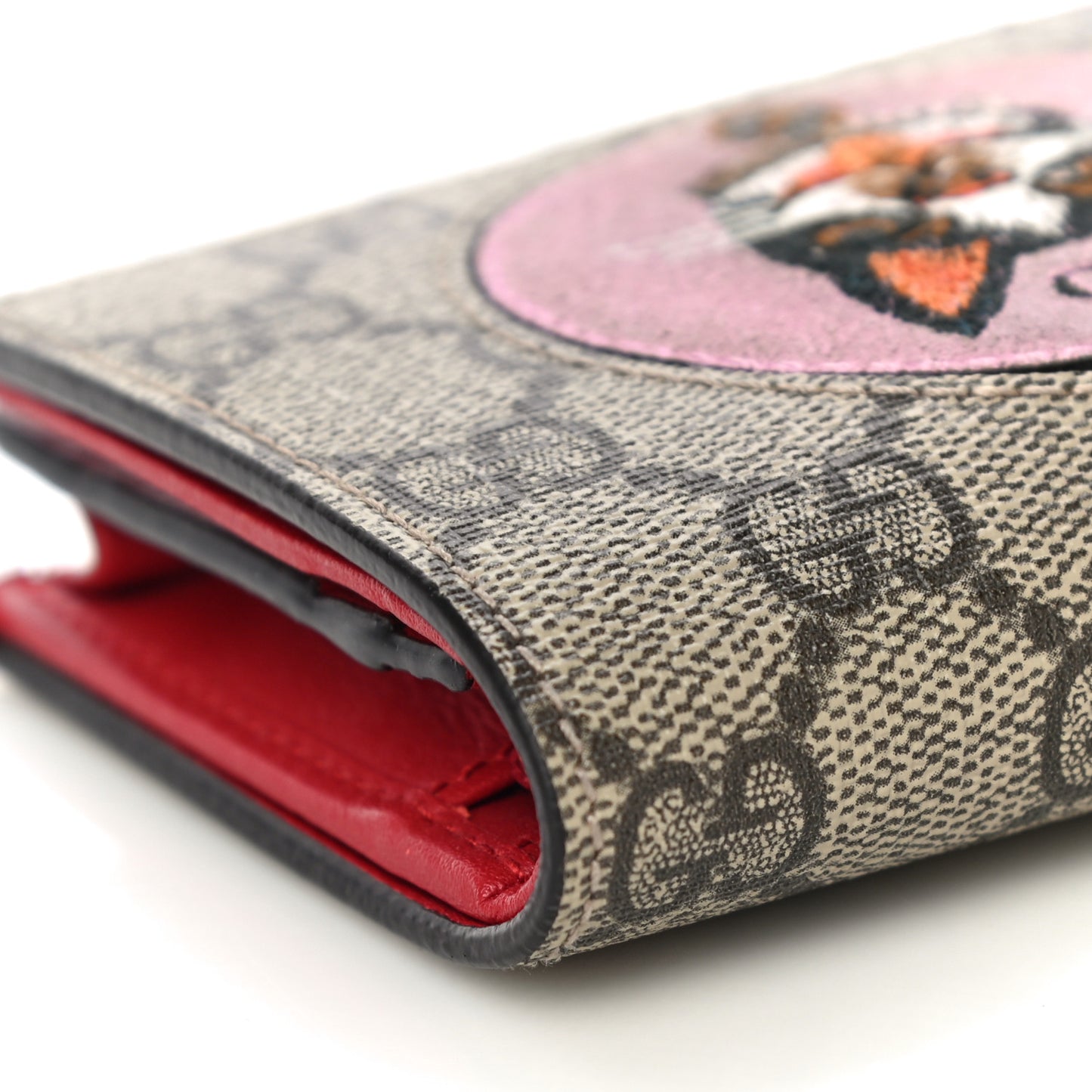 GG Supreme Monogram Bosco Patch Card Case Wallet Beige Malva Hibiscus Red