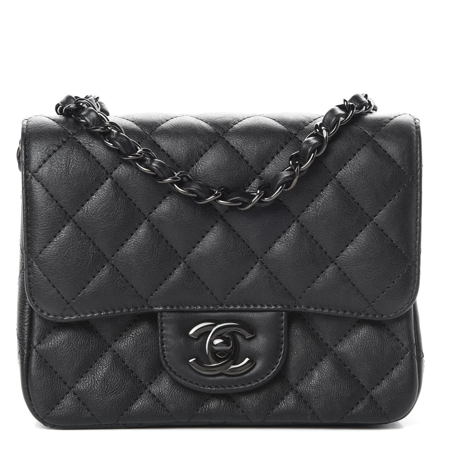 Crumpled Calfskin Quilted Mini Square Flap So Black