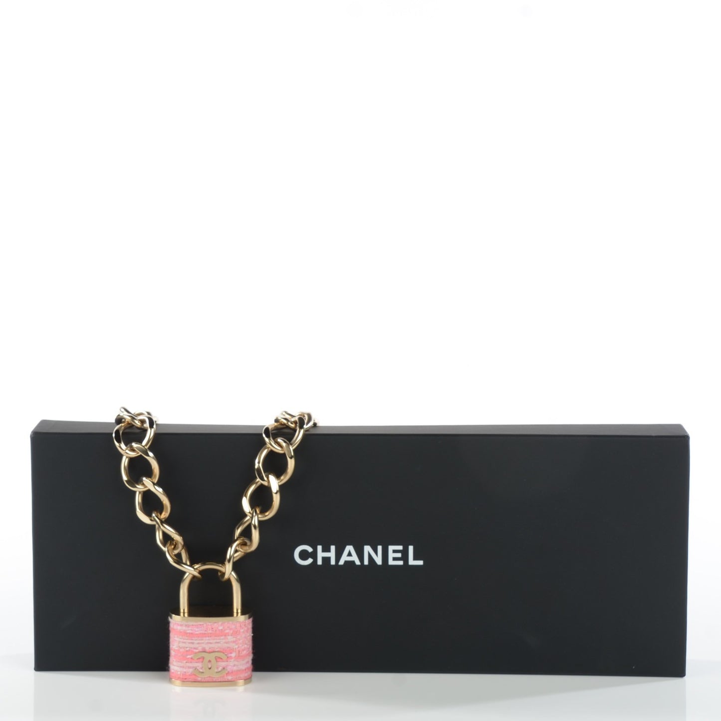 Tweed CC Oversized Padlock Chain Necklace Gold Pink
