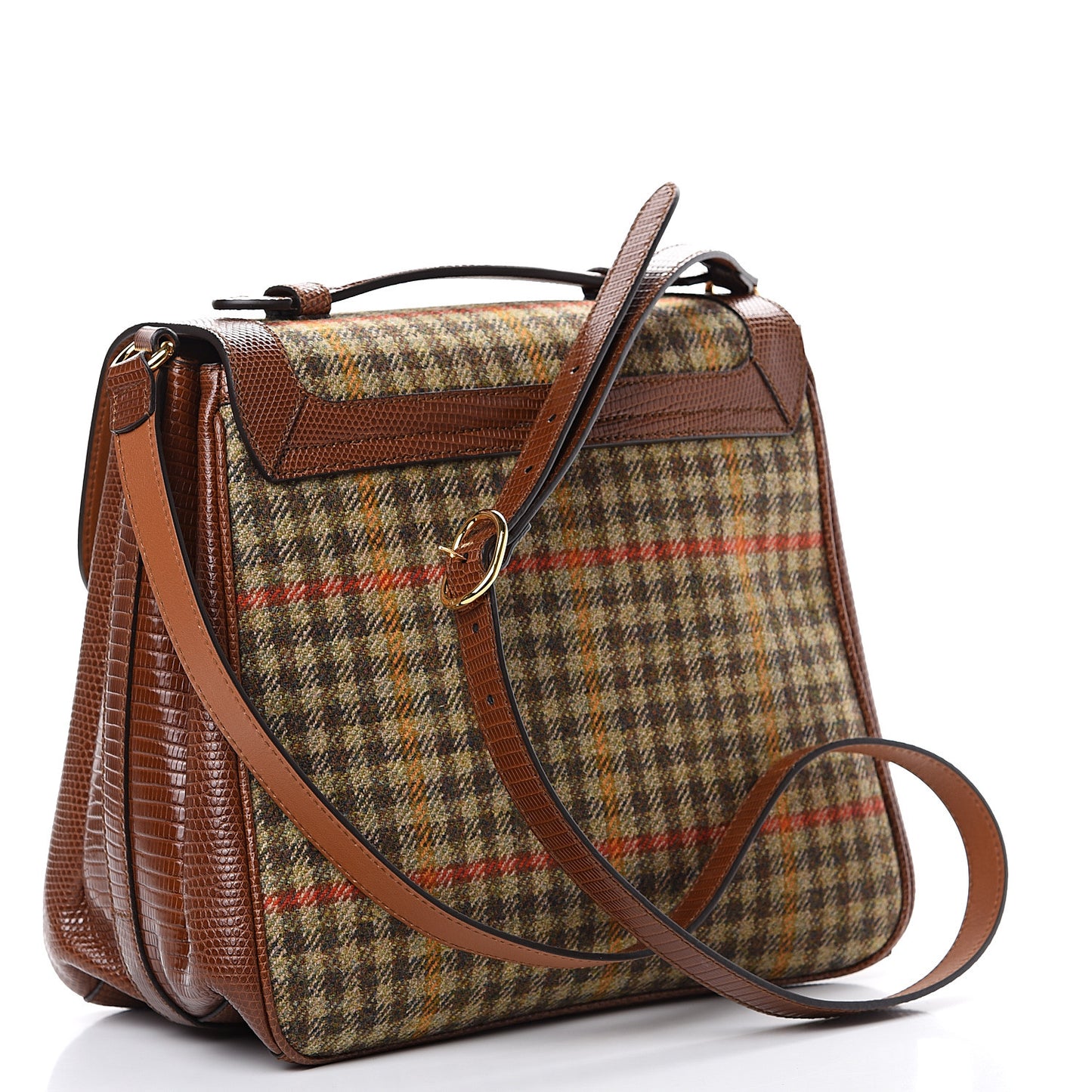 Tweed Calfskin Lizard Embossed Side Messenger Bag Brown