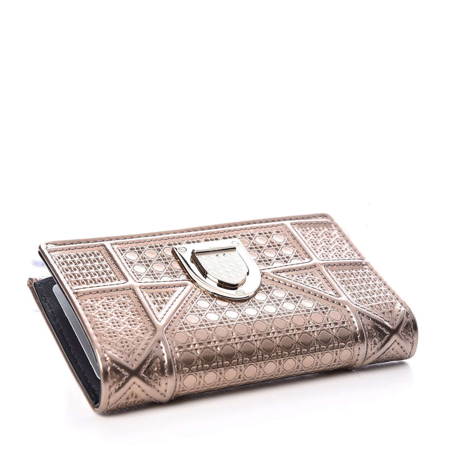 Metallic Patent Micro-Cannage Diorama Medium Wallet Champagne