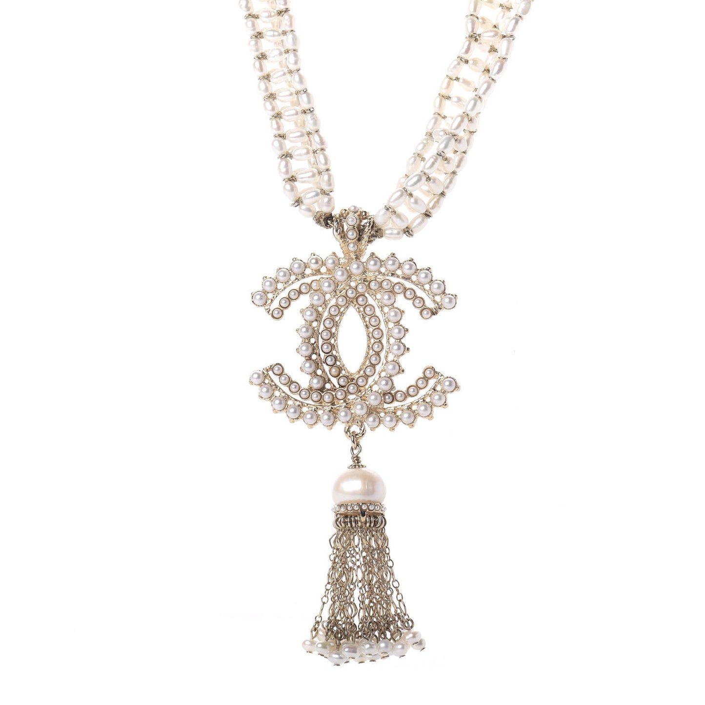 Pearl Crystal CC Long Necklace Gold