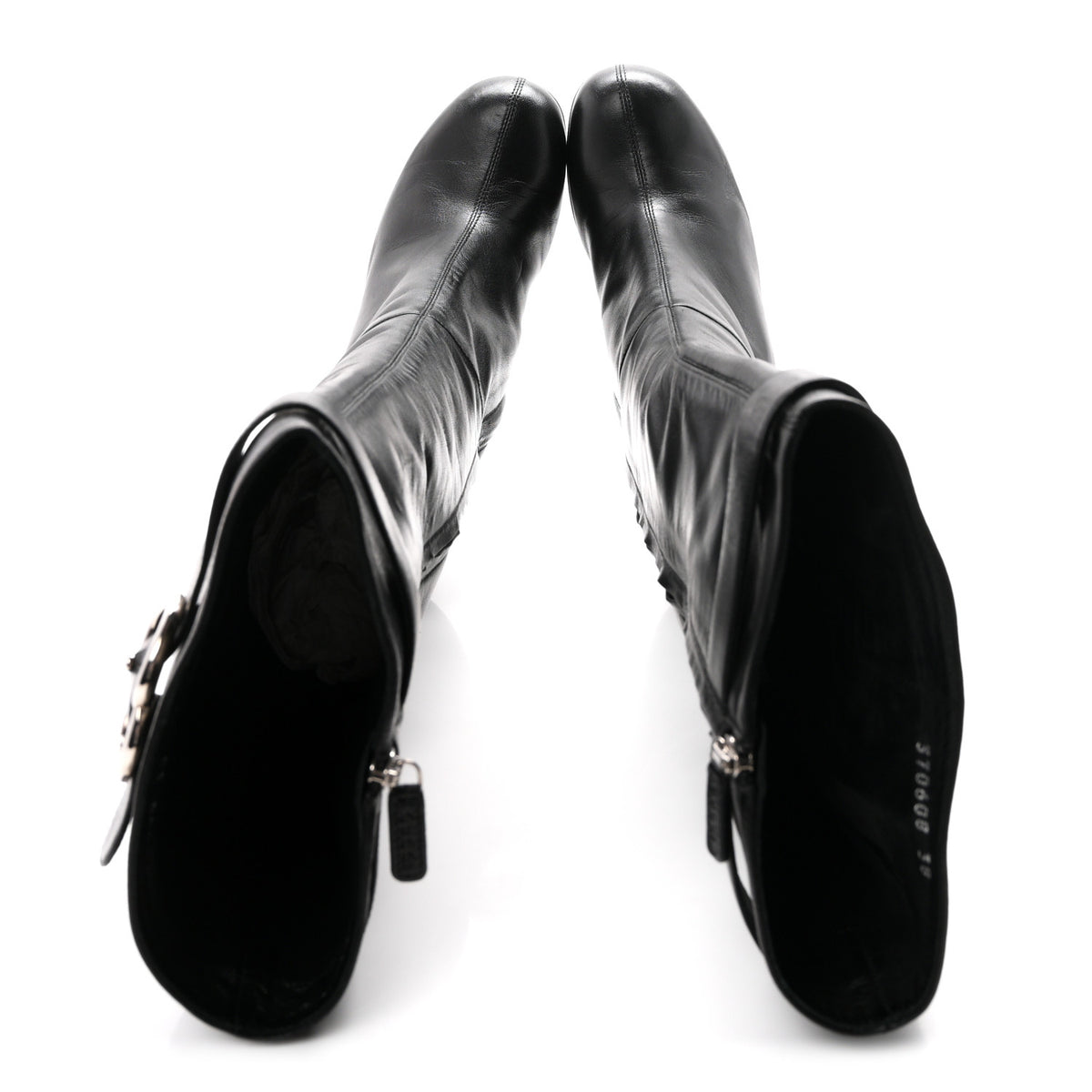 Calfskin Knee High Horsebit Crystal Heel Boots 38 Black