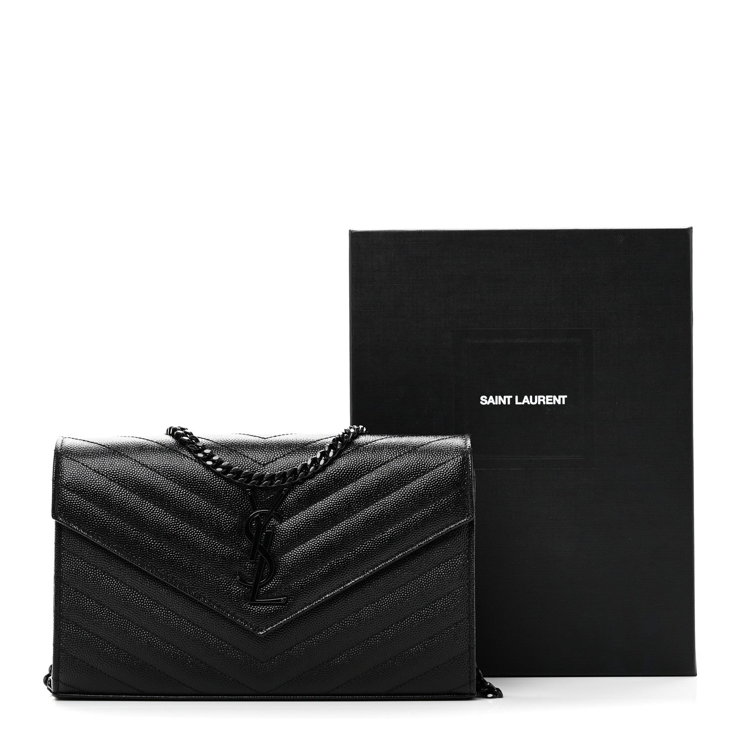 Saint Laurent Grain De Poudre Matelasse Chevron Monogram Monochrome Chain Wallet Black 10 of 10