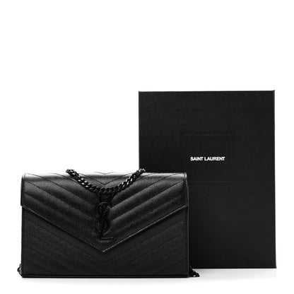 Saint Laurent Grain De Poudre Matelasse Chevron Monogram Monochrome Chain Wallet Black 10 of 10