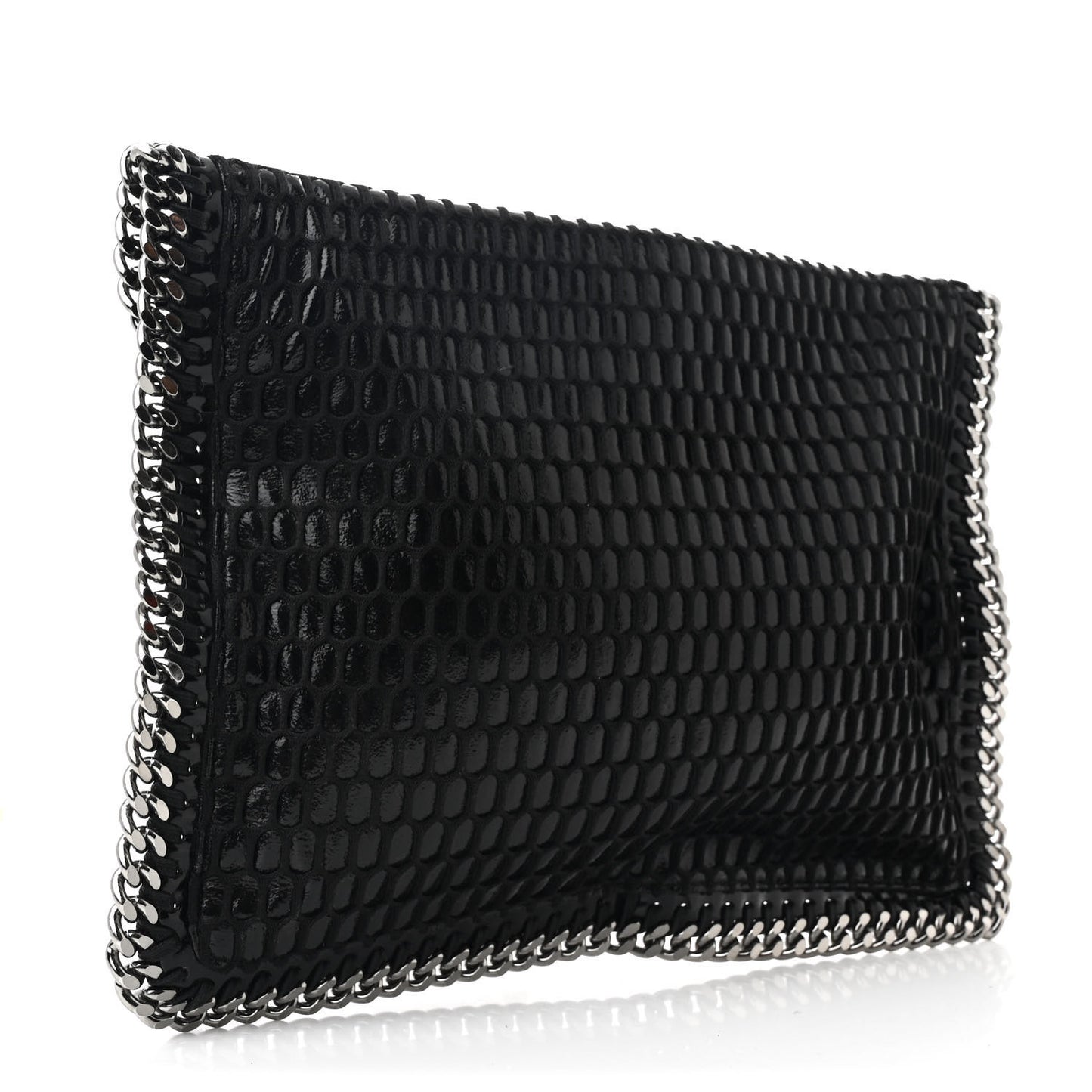 Patent Net Fold Over Falabella Clutch Black