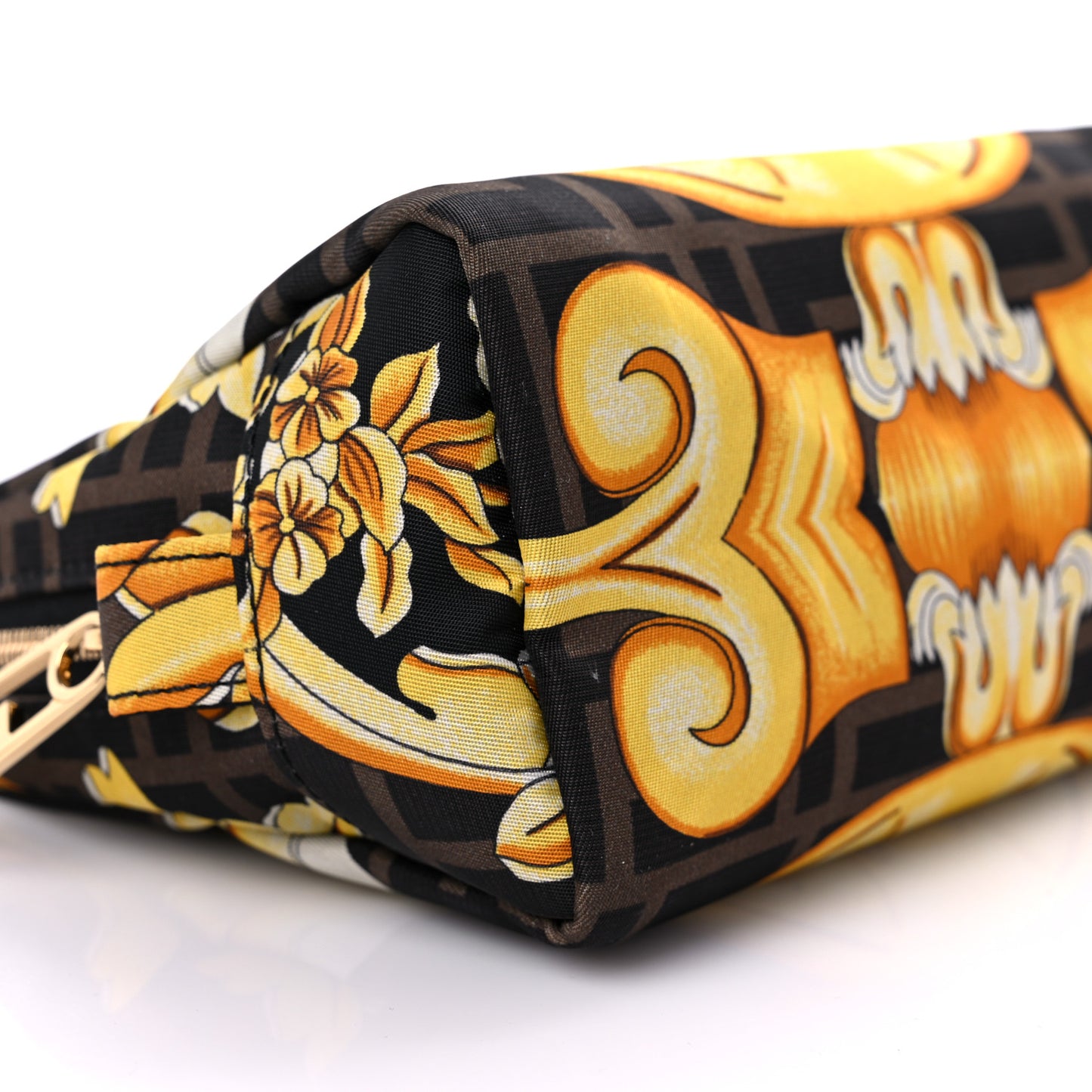 X VERSACE Nylon Fendace FF Baroque Print Small Trapezoid Beauty Pouch Gold