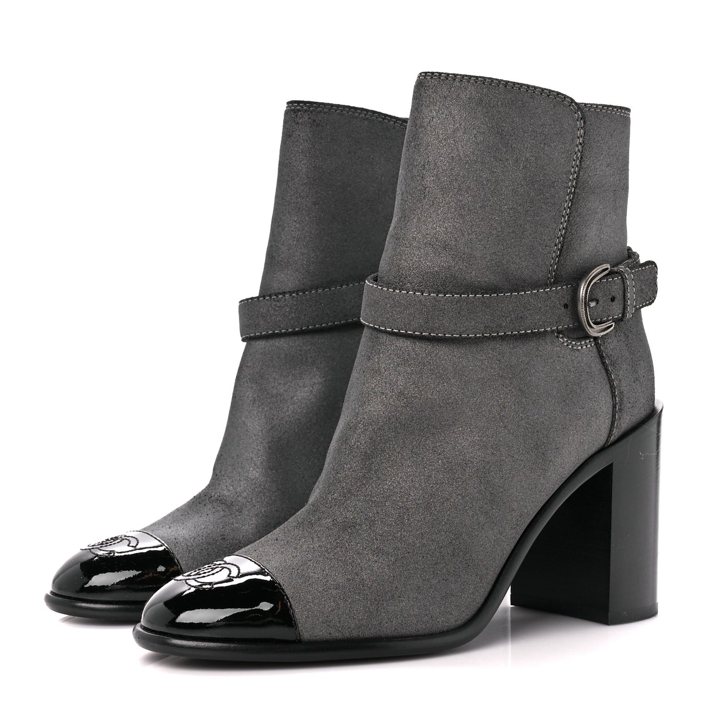 Suede Kidskin Patent Cap Toe Interlocking CC Ankle Boots 39 Dark Silver Black