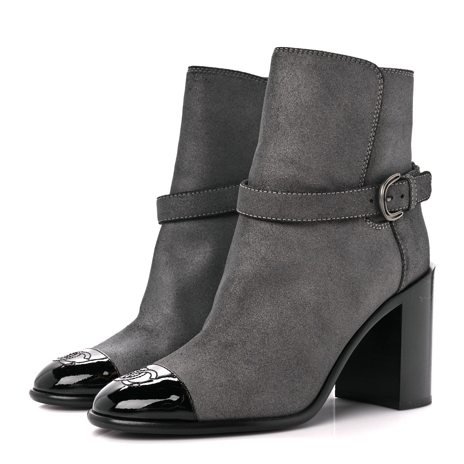 Chanel Suede Kidskin Patent Cap Toe Interlocking CC Ankle Boots 39 Dark Silver Black 3 of 10