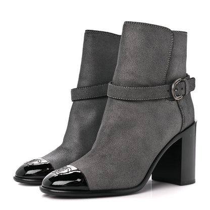 Chanel Suede Kidskin Patent Cap Toe Interlocking CC Ankle Boots 39 Dark Silver Black 3 of 10