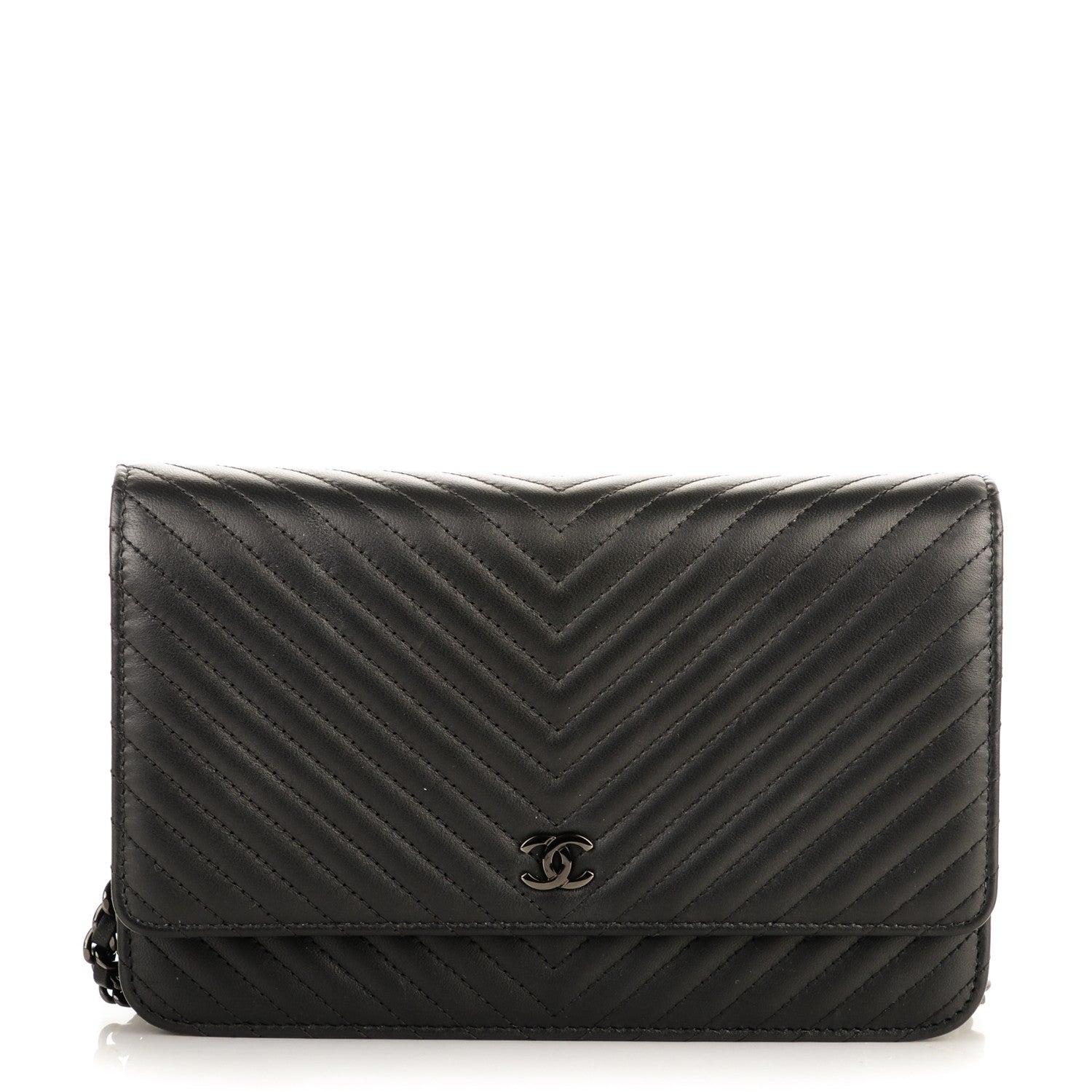 Chanel Calfskin Chevron Wallet On Chain WOC So Black 1 of 16