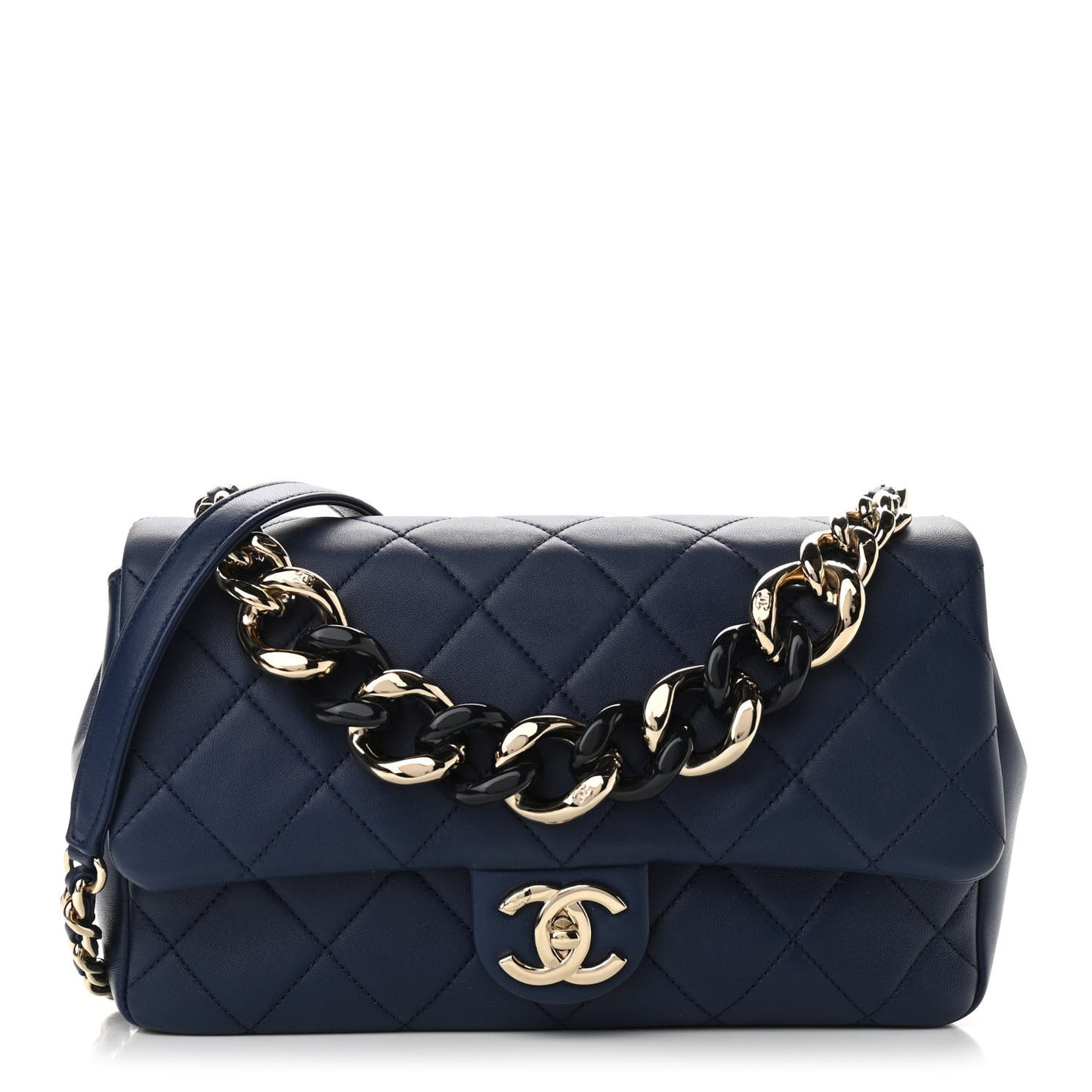 Lambskin Quilted Resin Bi-Color Chain Flap Bag Navy