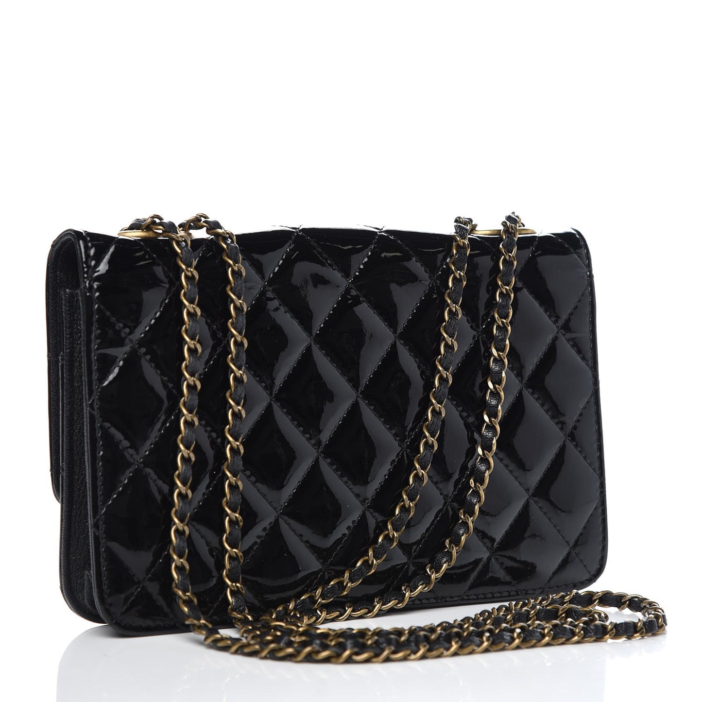 Patent Goatskin Quilted CC Eyelet Wallet On Chain WOC Black