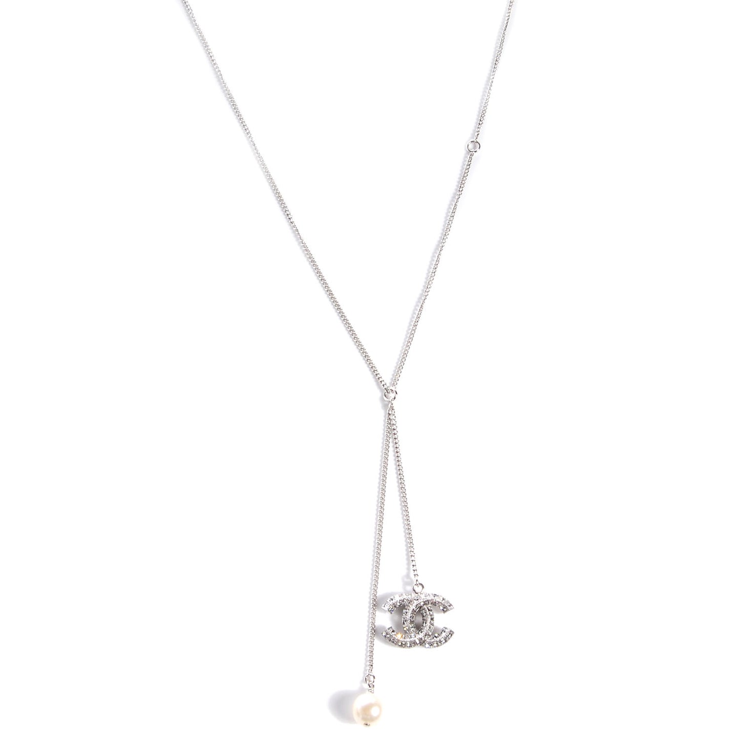 Baguette Crystal Pearl CC Lariat Necklace Silver