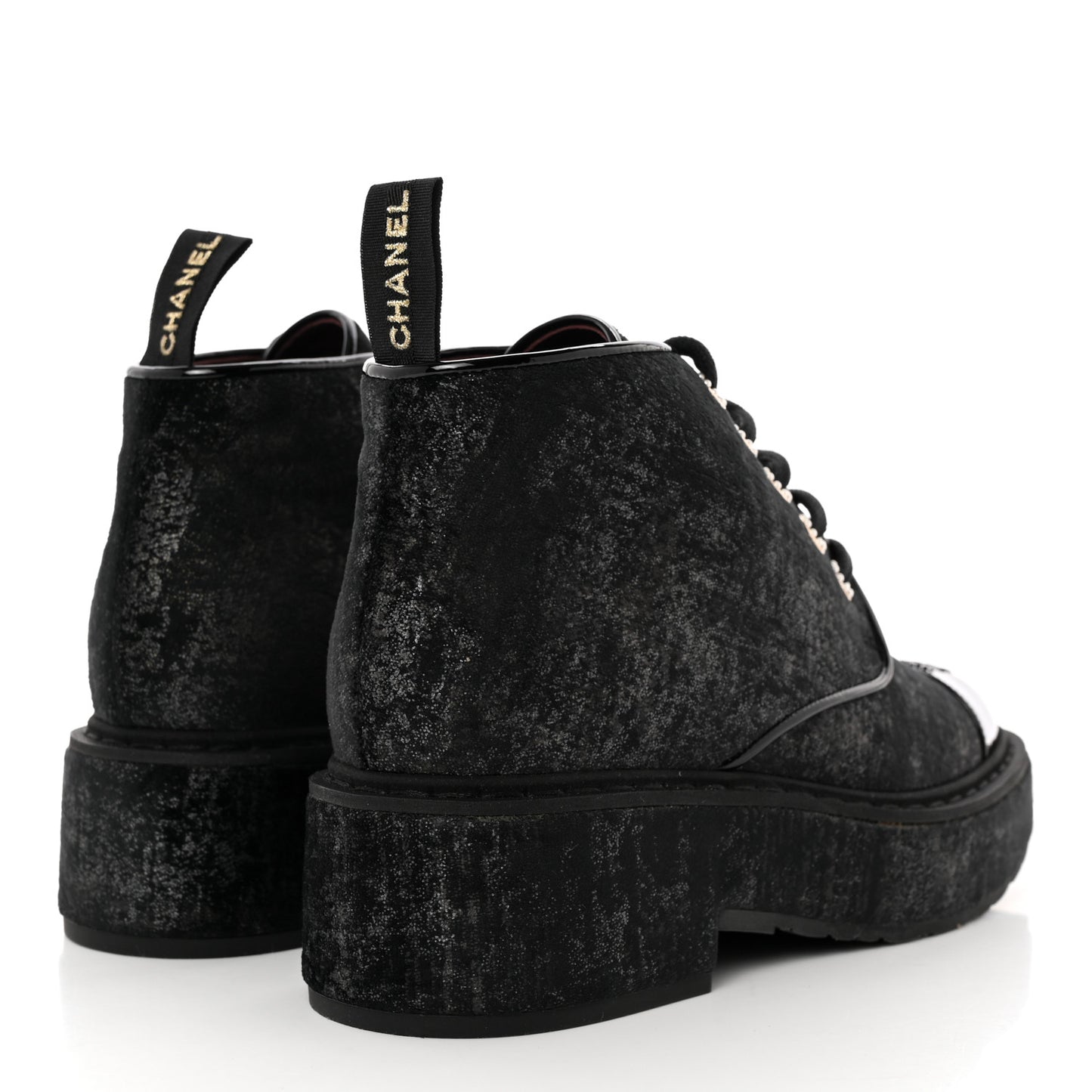 Patent Calfskin Velvet Pearl Lace Up Combat Short Boots 39.5 Black