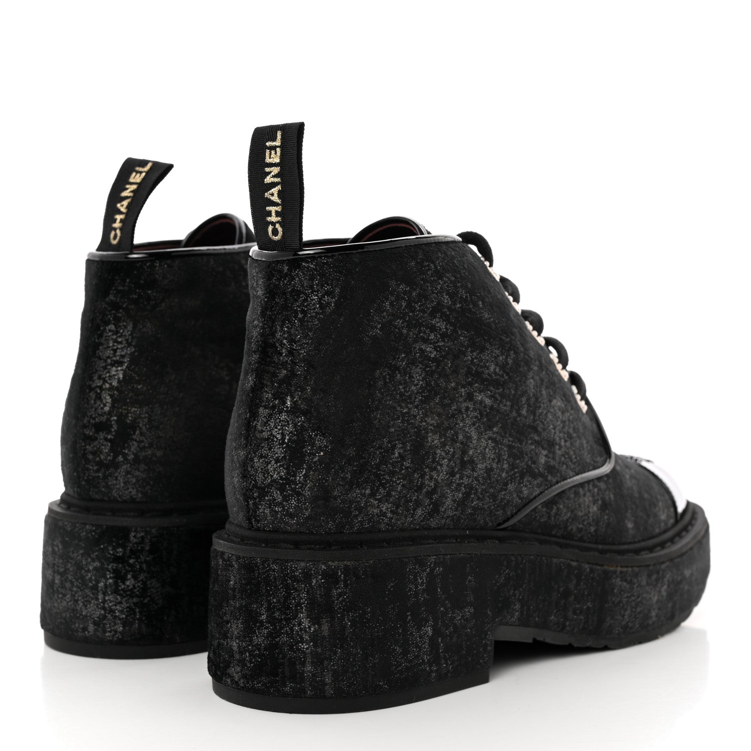 Chanel Patent Calfskin Velvet Pearl Lace Up Combat Short Boots 39.5 Black 4 of 11