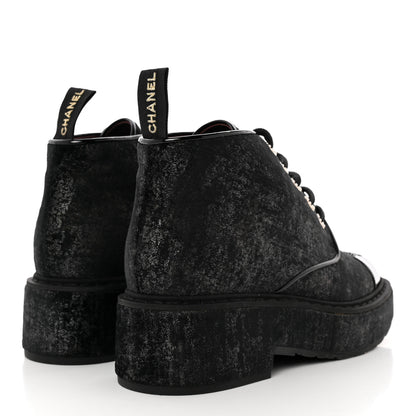 Chanel Patent Calfskin Velvet Pearl Lace Up Combat Short Boots 39.5 Black 4 of 11