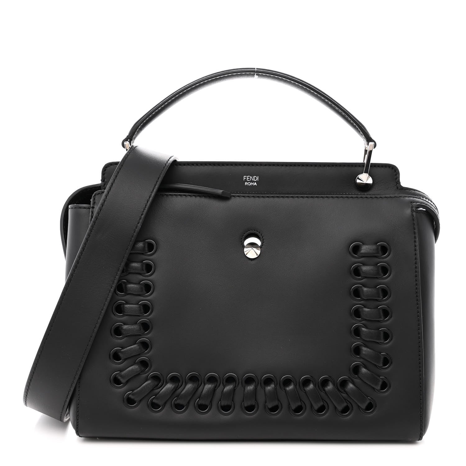 Fendi Vitello Baltico Dolce Shiny Nappa Lace Up DotCom Satchel Black Blue 1 of 11