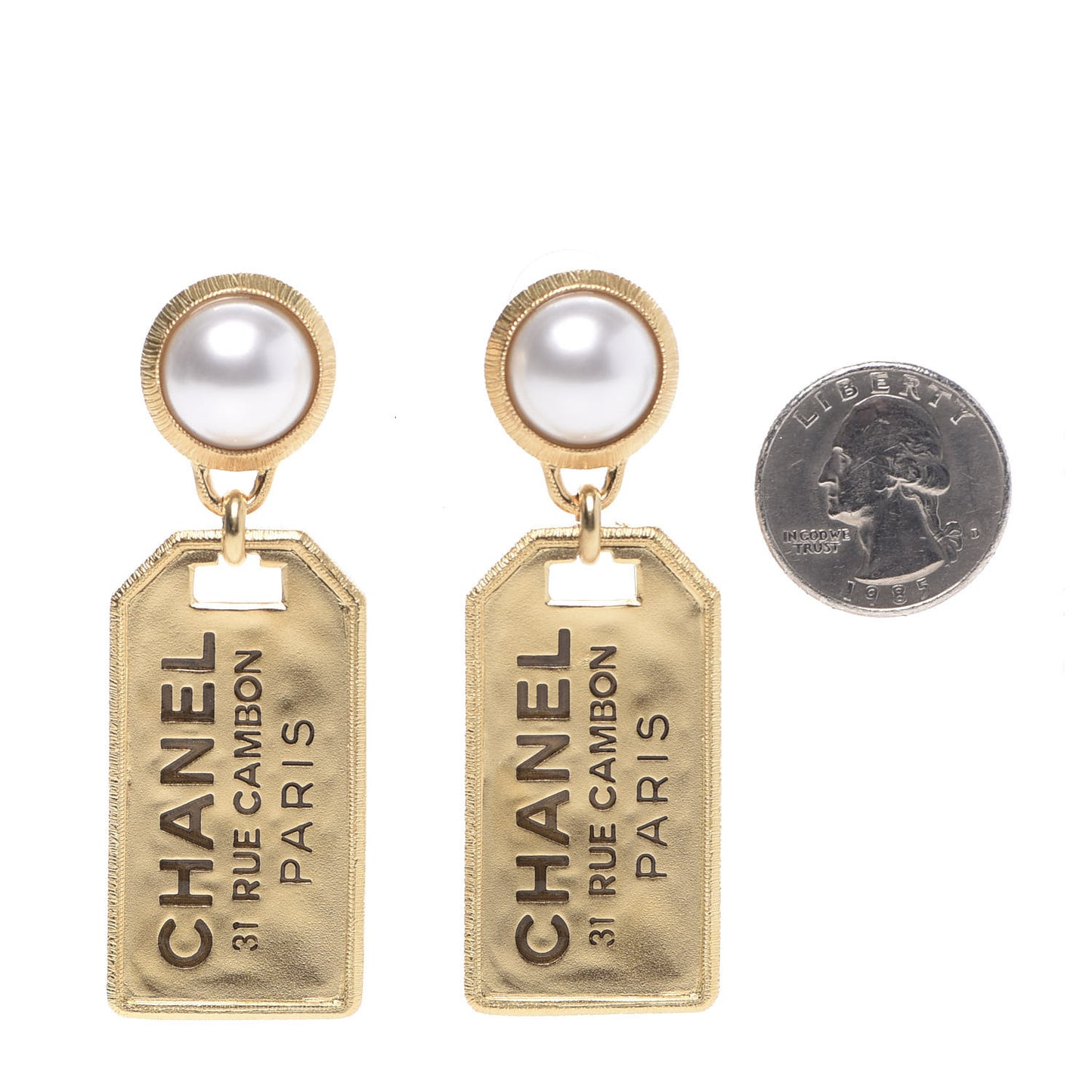 Pearl CC Tags Drop Earrings Gold
