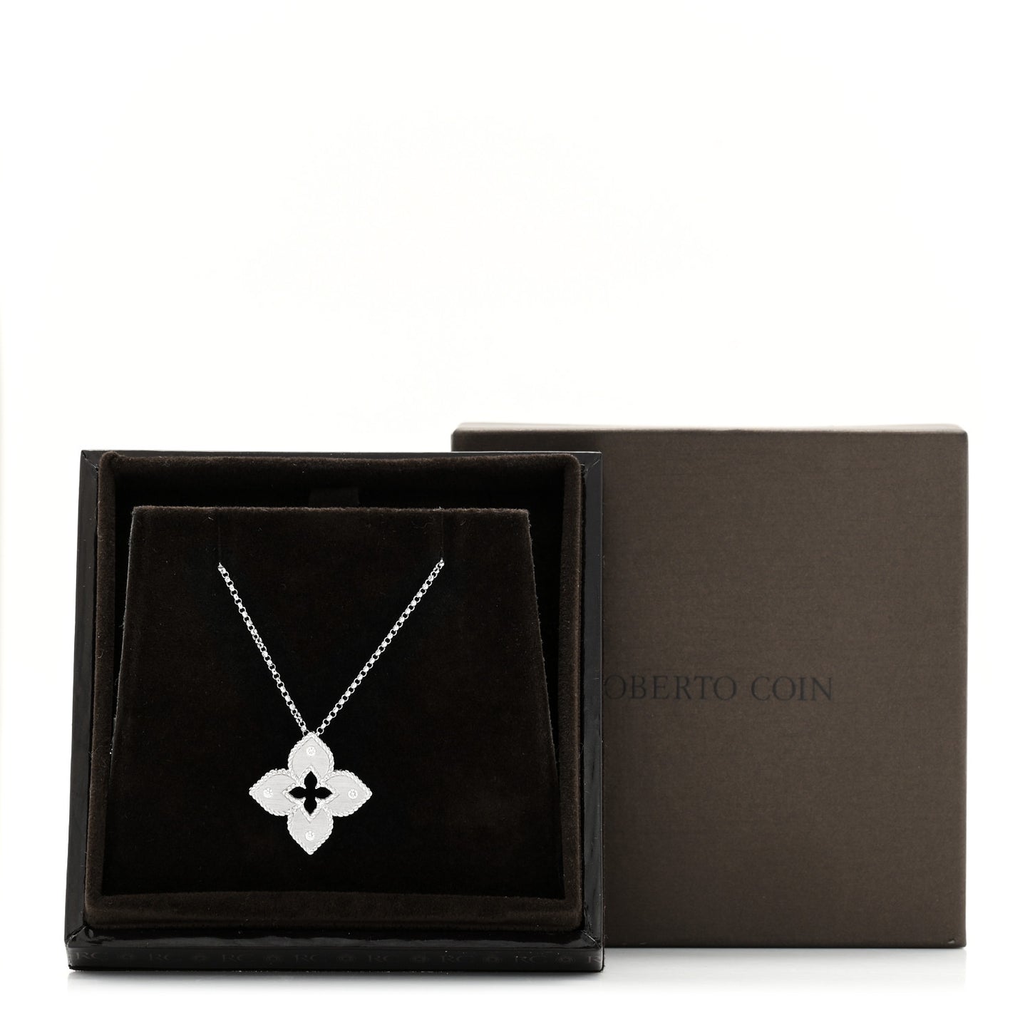 18K White Gold Diamond Petite Venetian Princess Flower Pendant Necklace