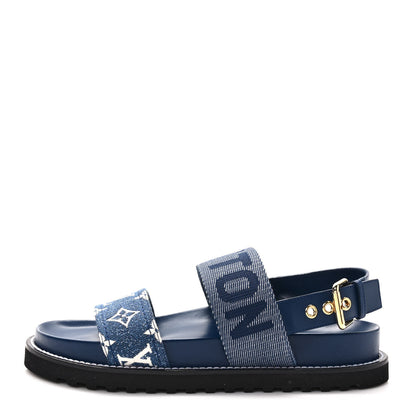 Louis Vuitton Monogram Denim Paseo Flat Comfort Sandals 37 Navy Blue 1 of 8