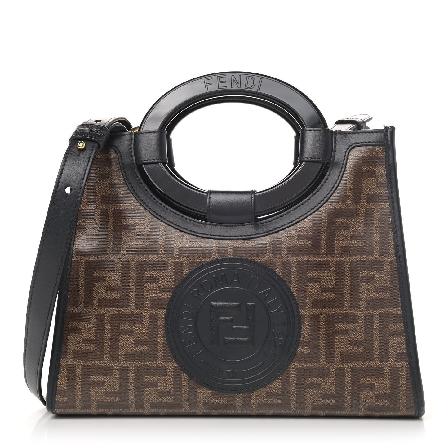 Glazed Fabric Vitello Century Plexiglass FF 1974 Stamp Patch Small Runaway Shopper Tote Mogano Panna Black