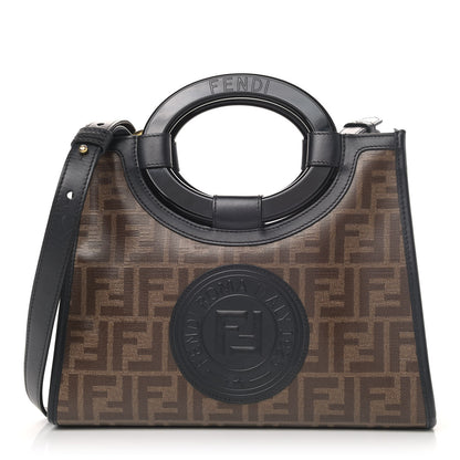 Fendi Glazed Fabric Vitello Century Plexiglass FF 1974 Stamp Patch Small Runaway Shopper Tote Mogano Panna Black 1 of 8