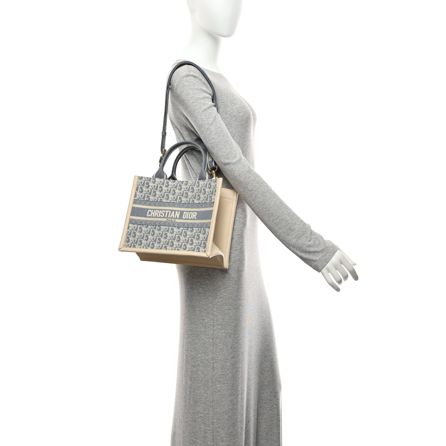 Oblique Chambray Calfskin Small Book Tote With Strap Blue Latte