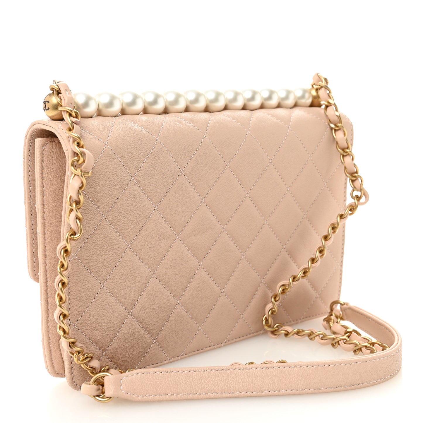 Goatskin Quilted Small Chic Pearls Flap Beige