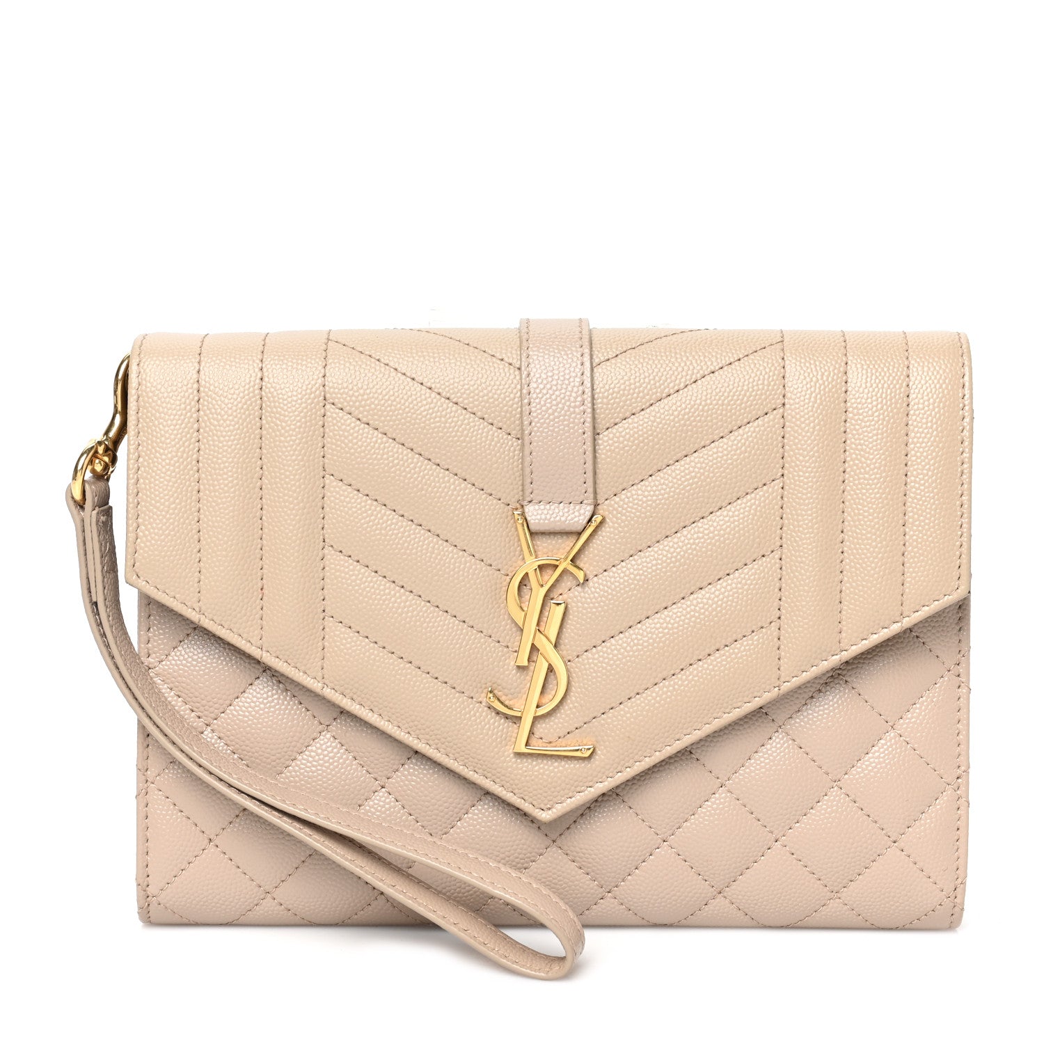 Saint Laurent Grain De Poudre Textured Mixed Matelasse Triquilt Monogram Clutch Dark Beige 1 of 9