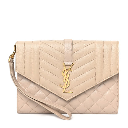 Saint Laurent Grain De Poudre Textured Mixed Matelasse Triquilt Monogram Clutch Dark Beige 1 of 9